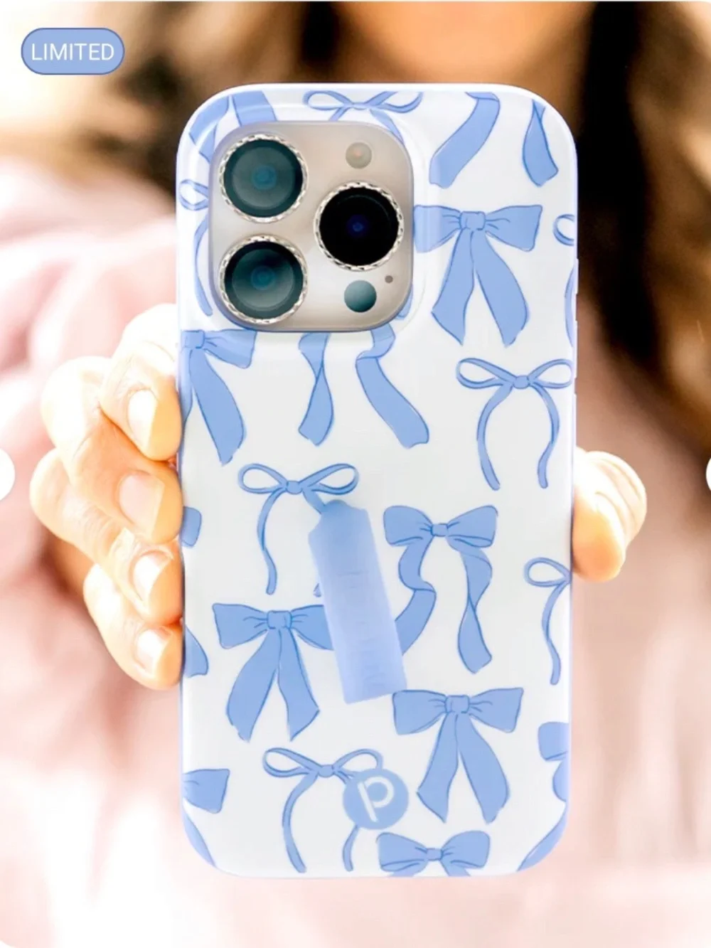 Loopy iPhone 16 Pro Max Blue Bows Case, Loop, and Dustbag